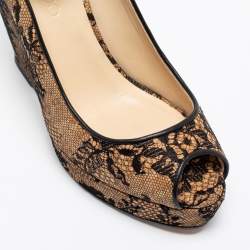 Pre Owned Jimmy Choo Beige Cork and Lace Pacific Peep Toe Ankle Strap Wedge Pumps Size 39