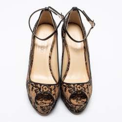 Pre Owned Jimmy Choo Beige Cork and Lace Pacific Peep Toe Ankle Strap Wedge Pumps Size 39