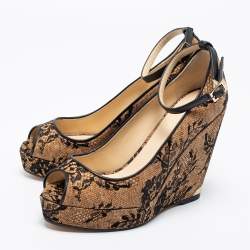 Pre Owned Jimmy Choo Beige Cork and Lace Pacific Peep Toe Ankle Strap Wedge Pumps Size 39
