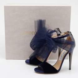 Pre Owned Jimmy Choo Navy Blue/Grey Velvet And Leather Lilyth Knot Ankle Strap Sandals Size 38