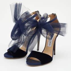 Pre Owned Jimmy Choo Navy Blue/Grey Velvet And Leather Lilyth Knot Ankle Strap Sandals Size 38