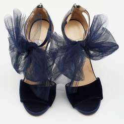 Pre Owned Jimmy Choo Navy Blue/Grey Velvet And Leather Lilyth Knot Ankle Strap Sandals Size 38