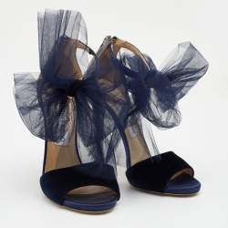 Pre Owned Jimmy Choo Navy Blue/Grey Velvet And Leather Lilyth Knot Ankle Strap Sandals Size 38