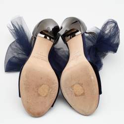 Pre Owned Jimmy Choo Navy Blue/Grey Velvet And Leather Lilyth Knot Ankle Strap Sandals Size 38