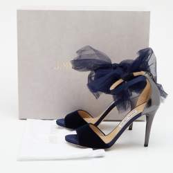 Pre Owned Jimmy Choo Blue/Grey Velvet And Leather Bow Lilyth Ankle Strap Sandals Size 38.5
