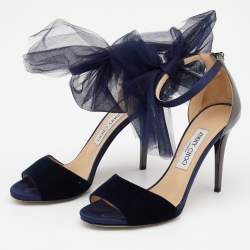 Pre Owned Jimmy Choo Blue/Grey Velvet And Leather Bow Lilyth Ankle Strap Sandals Size 38.5