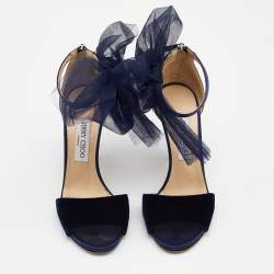 Pre Owned Jimmy Choo Blue/Grey Velvet And Leather Bow Lilyth Ankle Strap Sandals Size 38.5