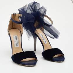 Pre Owned Jimmy Choo Blue/Grey Velvet And Leather Bow Lilyth Ankle Strap Sandals Size 38.5