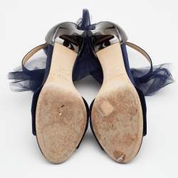 Pre Owned Jimmy Choo Blue/Grey Velvet And Leather Bow Lilyth Ankle Strap Sandals Size 38.5