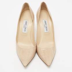 مملوكة مسبقًا حذاء كعب عالي جيمي تشو أغنيس جلد ثعبان بيج مقدمة مدببة مقاس 39.5