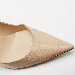 مملوكة مسبقًا حذاء كعب عالي جيمي تشو أغنيس جلد ثعبان بيج مقدمة مدببة مقاس 39.5