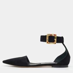 Jimmy Choo Black Suede Jewelled Buckle Pointed Toe Halina Flat Ankle Strap Sandals Size 39