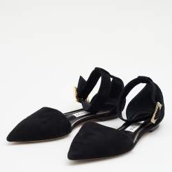 Jimmy Choo Black Suede Jewelled Buckle Pointed Toe Halina Flat Ankle Strap Sandals Size 39
