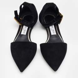 Jimmy Choo Black Suede Jewelled Buckle Pointed Toe Halina Flat Ankle Strap Sandals Size 39