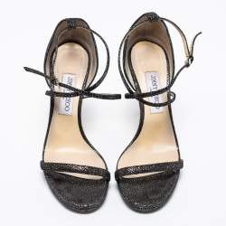 Pre Owned Jimmy Choo Black Glitter Suede Ankle-Strap Sandals Size 39