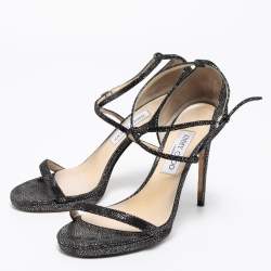 Pre Owned Jimmy Choo Black Glitter Suede Ankle-Strap Sandals Size 39