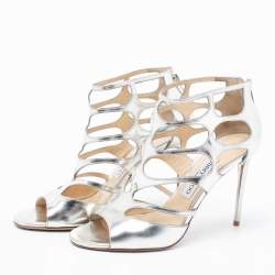 Pre Owned Jimmy Choo Silver Leather Open-Toe Cut-Out Strappy Sandals Size 38