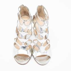 Pre Owned Jimmy Choo Silver Leather Open-Toe Cut-Out Strappy Sandals Size 38