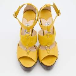 Pre Owned Jimmy Choo Yellow Suede And Leather United Platform Ankle Strap Sandals Size 40