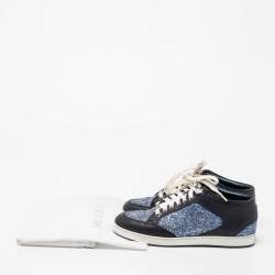 Pre Owned Jimmy Choo Blue Glitter And Leather Low Top Sneakers Size 38