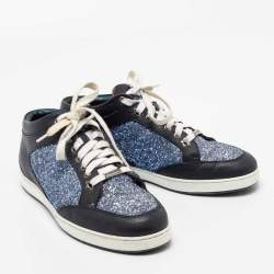 Pre Owned Jimmy Choo Blue Glitter And Leather Low Top Sneakers Size 38