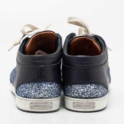 Pre Owned Jimmy Choo Blue Glitter And Leather Low Top Sneakers Size 38