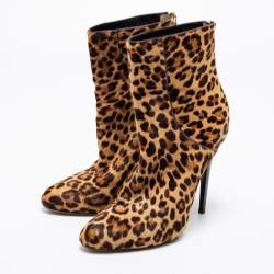 Jimmy Choo Beige/Brown Leopard Print Calf Hair Ankle Booties Size 37.5