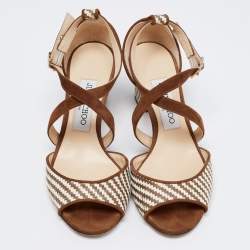 Pre Owned Jimmy Choo Brown/Cream Raffia And Suede Ankle Strap Sandals Size 35.5