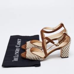 Pre Owned Jimmy Choo Brown/Cream Raffia And Suede Ankle Strap Sandals Size 35.5