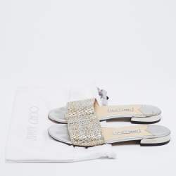 Pre Owned Jimmy Choo Metallic Silver/Gold Woven Fabric Flat Slide Sandals Size 38.5