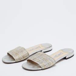 Pre Owned Jimmy Choo Metallic Silver/Gold Woven Fabric Flat Slide Sandals Size 38.5