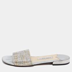 Pre Owned Jimmy Choo Metallic Silver/Gold Woven Fabric Flat Slide Sandals Size 38.5