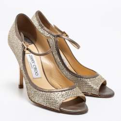 Jimmy Choo Silver/Gold Glitter And Leather Mary Jane Pumps Size 37.5