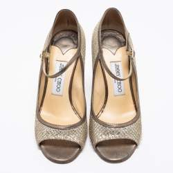 Jimmy Choo Silver/Gold Glitter And Leather Mary Jane Pumps Size 37.5