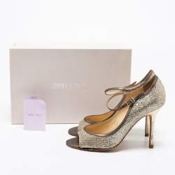 Jimmy Choo Silver/Gold Glitter And Leather Mary Jane Pumps Size 37.5