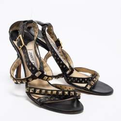 Pre Owned Jimmy Choo Black Leather Studded Ankle Strap Sandals Size 37.5