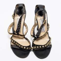 Pre Owned Jimmy Choo Black Leather Studded Ankle Strap Sandals Size 37.5