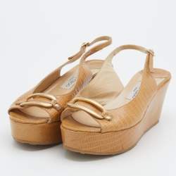 Jimmy Choo Beige Lizard Embossed Leather Slingback Wedge Sandals Size 39.5