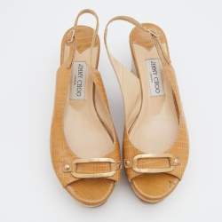 Jimmy Choo Beige Lizard Embossed Leather Slingback Wedge Sandals Size 39.5