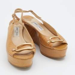 Jimmy Choo Beige Lizard Embossed Leather Slingback Wedge Sandals Size 39.5
