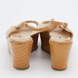 Jimmy Choo Beige Lizard Embossed Leather Slingback Wedge Sandals Size 39.5
