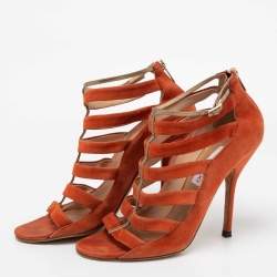 Jimmy Choo Orange Suede Fathom Strappy Cage Sandals Size 40