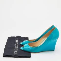 Pre Owned Jimmy Choo Turquoise Patent Leather Bello Peep Toe Wedge Pumps Size 39