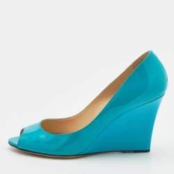 Pre Owned Jimmy Choo Turquoise Patent Leather Bello Peep Toe Wedge Pumps Size 39