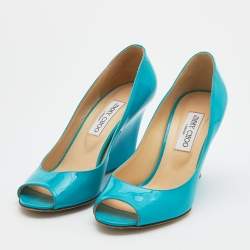 Pre Owned Jimmy Choo Turquoise Patent Leather Bello Peep Toe Wedge Pumps Size 39