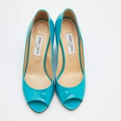 Pre Owned Jimmy Choo Turquoise Patent Leather Bello Peep Toe Wedge Pumps Size 39