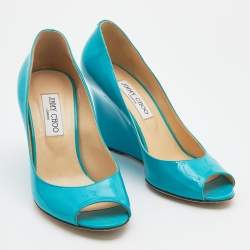 Pre Owned Jimmy Choo Turquoise Patent Leather Bello Peep Toe Wedge Pumps Size 39