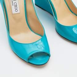 Pre Owned Jimmy Choo Turquoise Patent Leather Bello Peep Toe Wedge Pumps Size 39