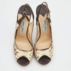 مملوكة مسبقًا Jimmy Choo Beige/Brown Python and Leather Open Toe Slingback Sandals Size 39