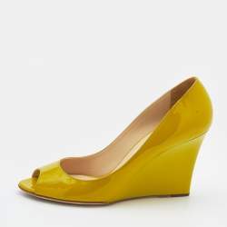 Pre Owned Jimmy Choo Citrine Patent Leather Bello Peep Toe Wedge Pumps Size 39